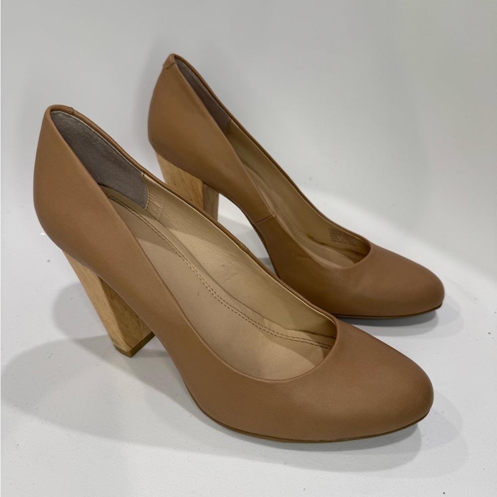 Calvin Klein Tan Heels with Chunky Wooden Heel and Minimalist Design